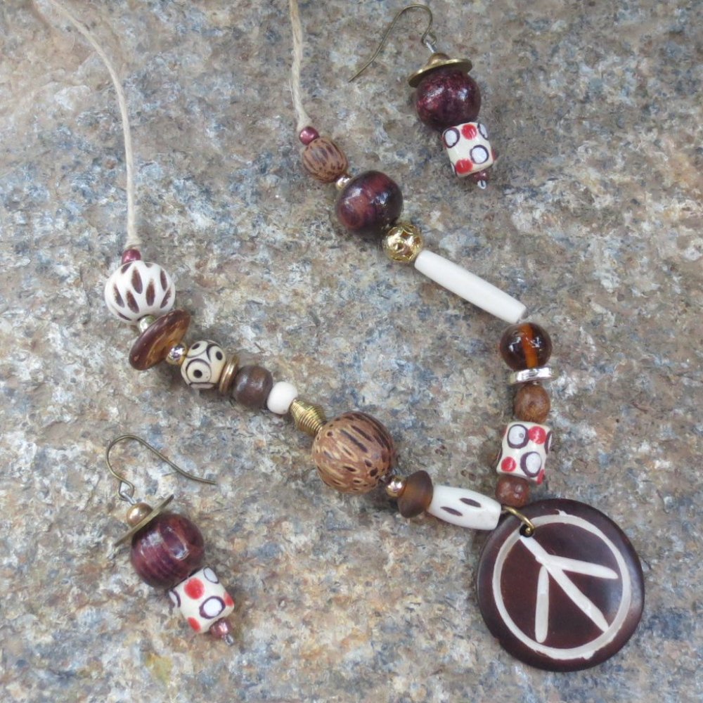 Handcrafted Necklace Pierced Earrings Set Boho Peace Symbol Mixed Beads on Hemp